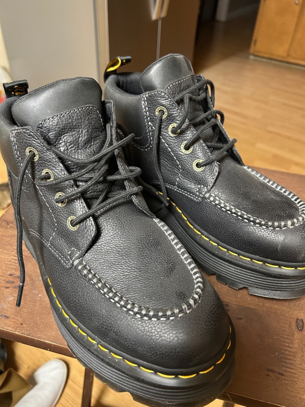 Dr. Martens zebzag Black Leather Platform Moc Toe Boots with Yellow Stitching